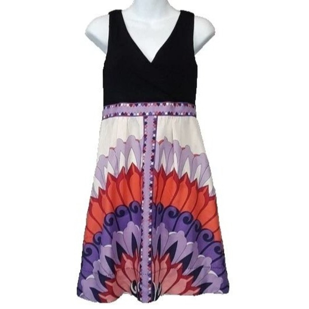 Phoebe Couture Silk Blend Dress Womens 4 Black Purple Mandala Boho Cocktail